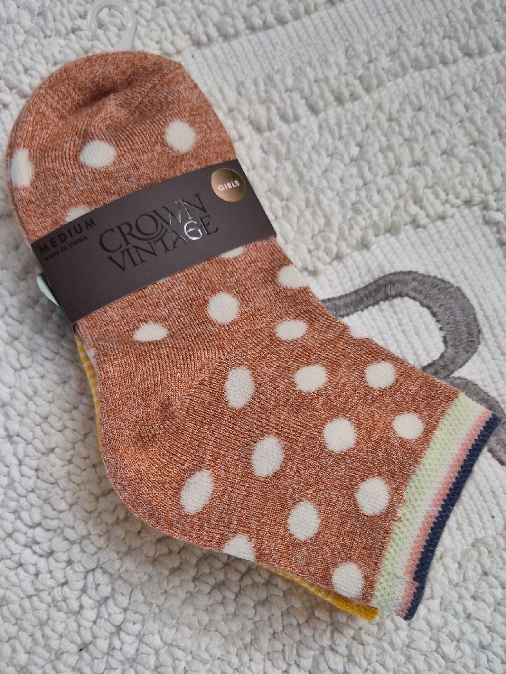 CROWN VINTAGE Rust Polka Dot Ankle Socks with Accent Stripes